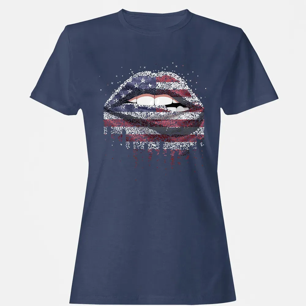 American Flag Sexy Biting Lip 4th Of July USA America Women's T-shirt - 10