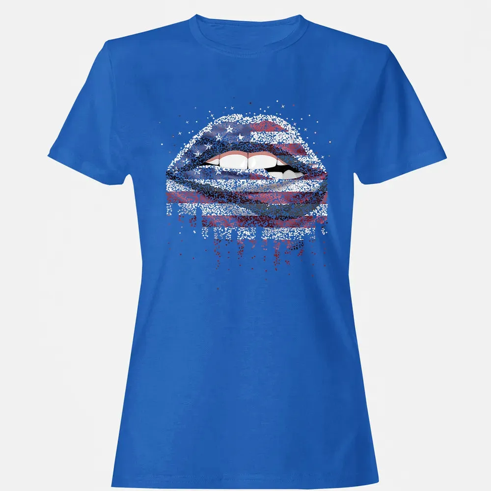 American Flag Sexy Biting Lip 4th Of July USA America Women's T-shirt - 14