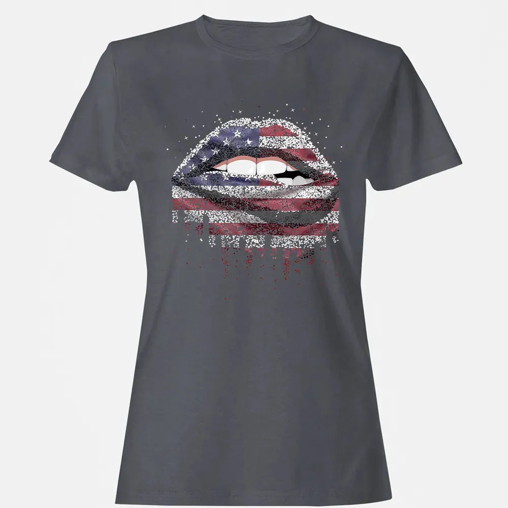 American Flag Sexy Biting Lip 4th Of July USA America Women's T-shirt - 5