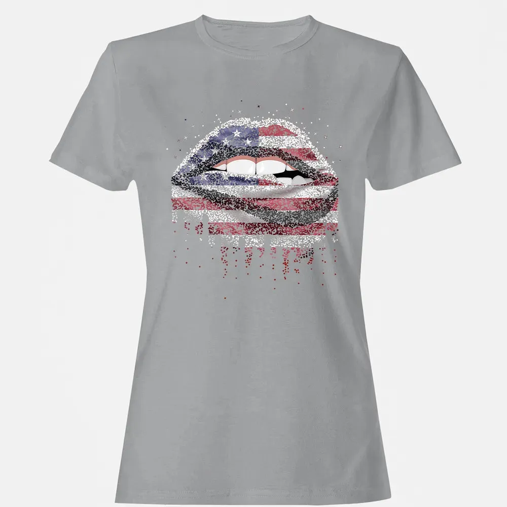 American Flag Sexy Biting Lip 4th Of July USA America Women's T-shirt - 15