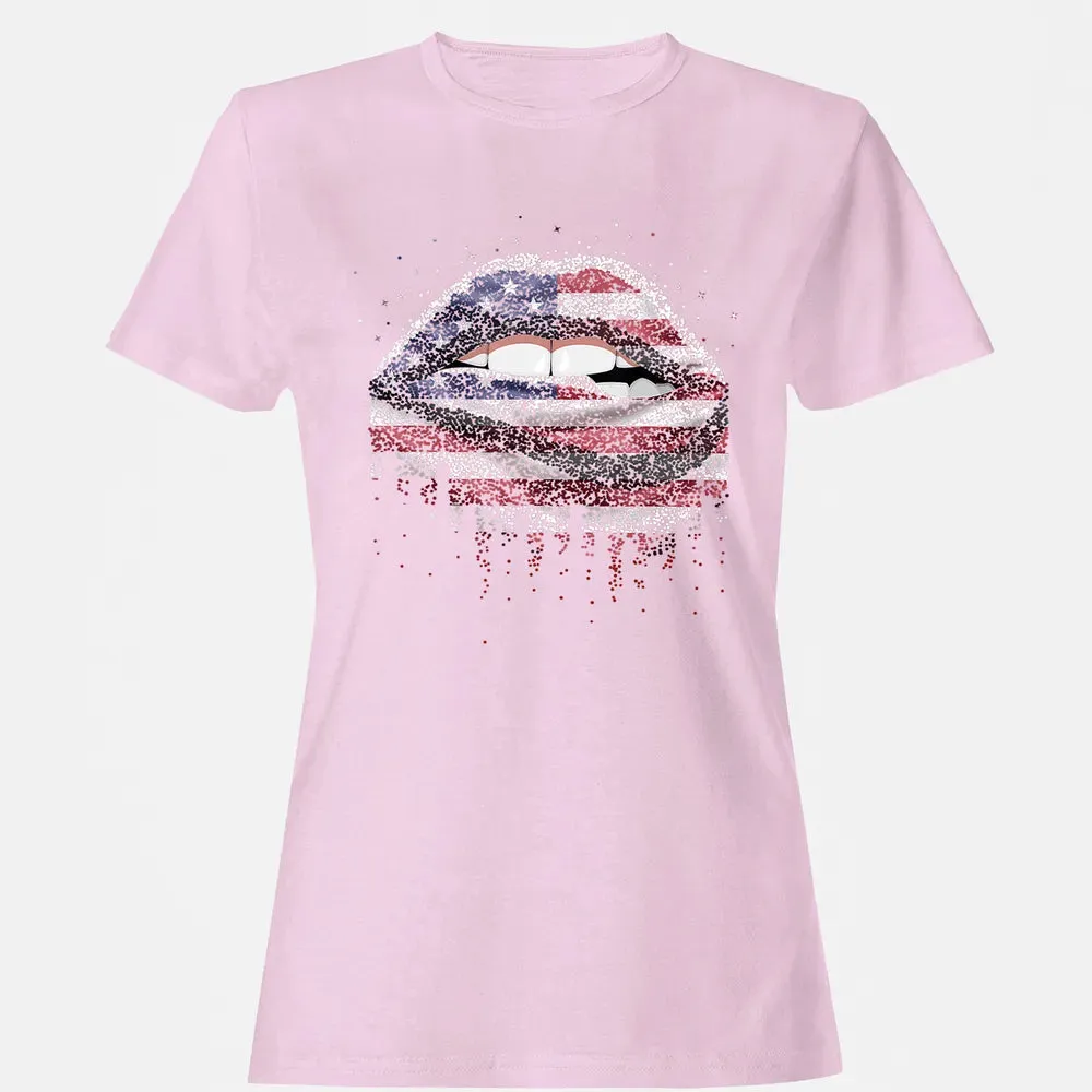 American Flag Sexy Biting Lip 4th Of July USA America Women's T-shirt - 9