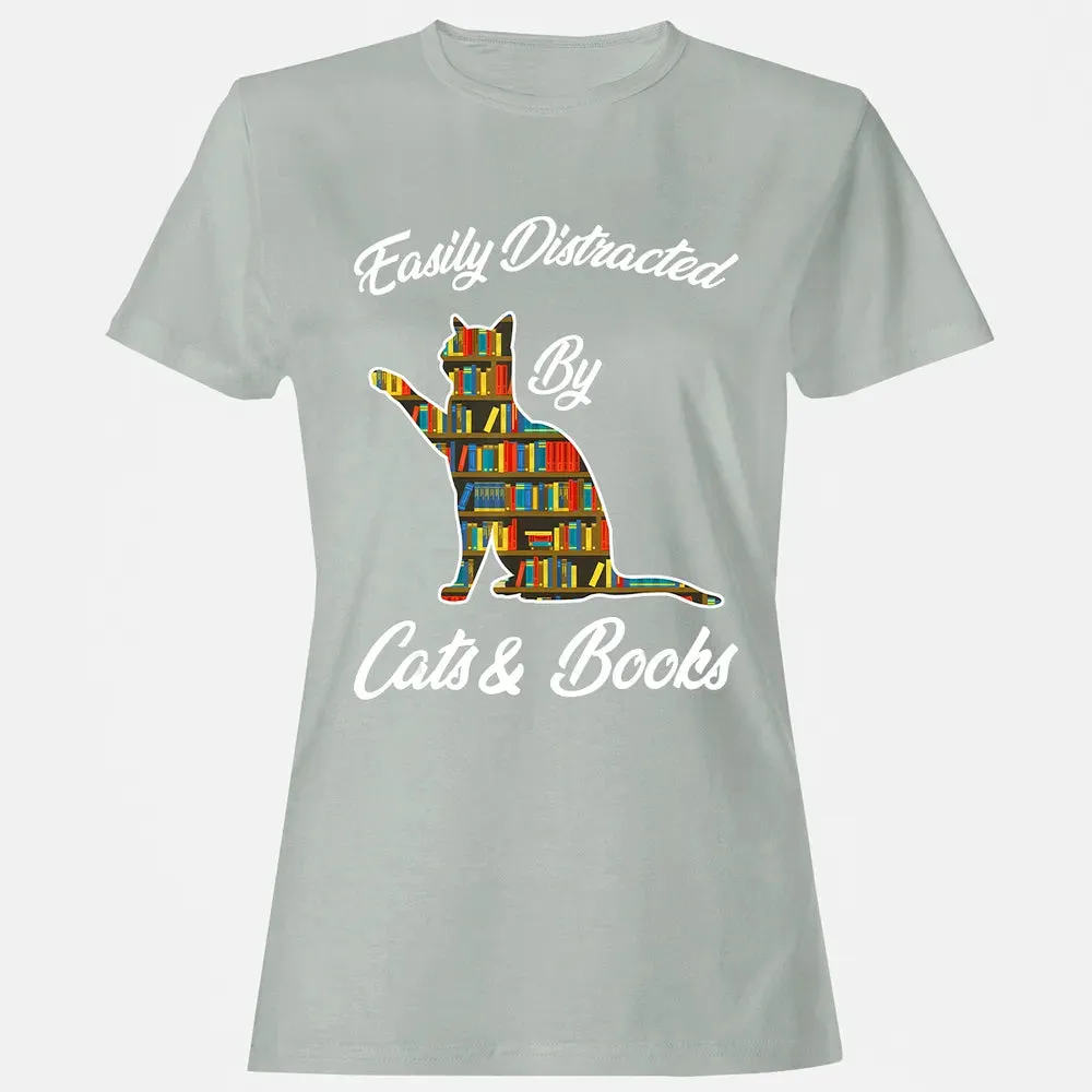 Easily Distracted by Cat & Books Animal Lover Meowing Kitty Women's T-shirt - 2