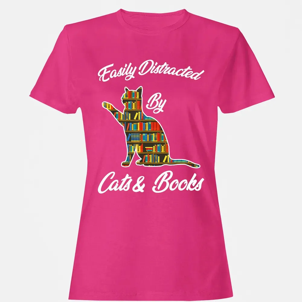 Easily Distracted by Cat & Books Animal Lover Meowing Kitty Women's T-shirt - 6