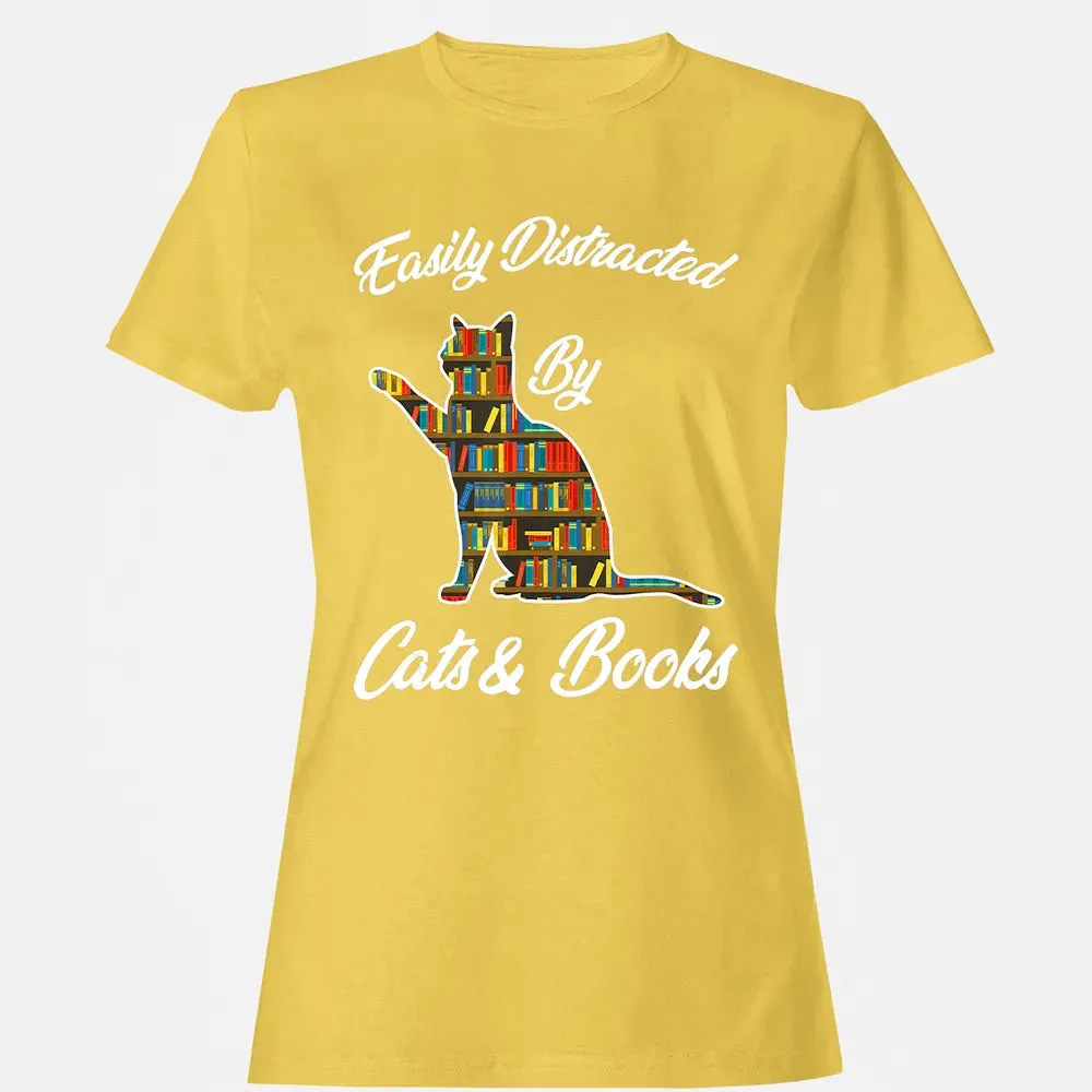 Easily Distracted by Cat & Books Animal Lover Meowing Kitty Women's T-shirt - 4