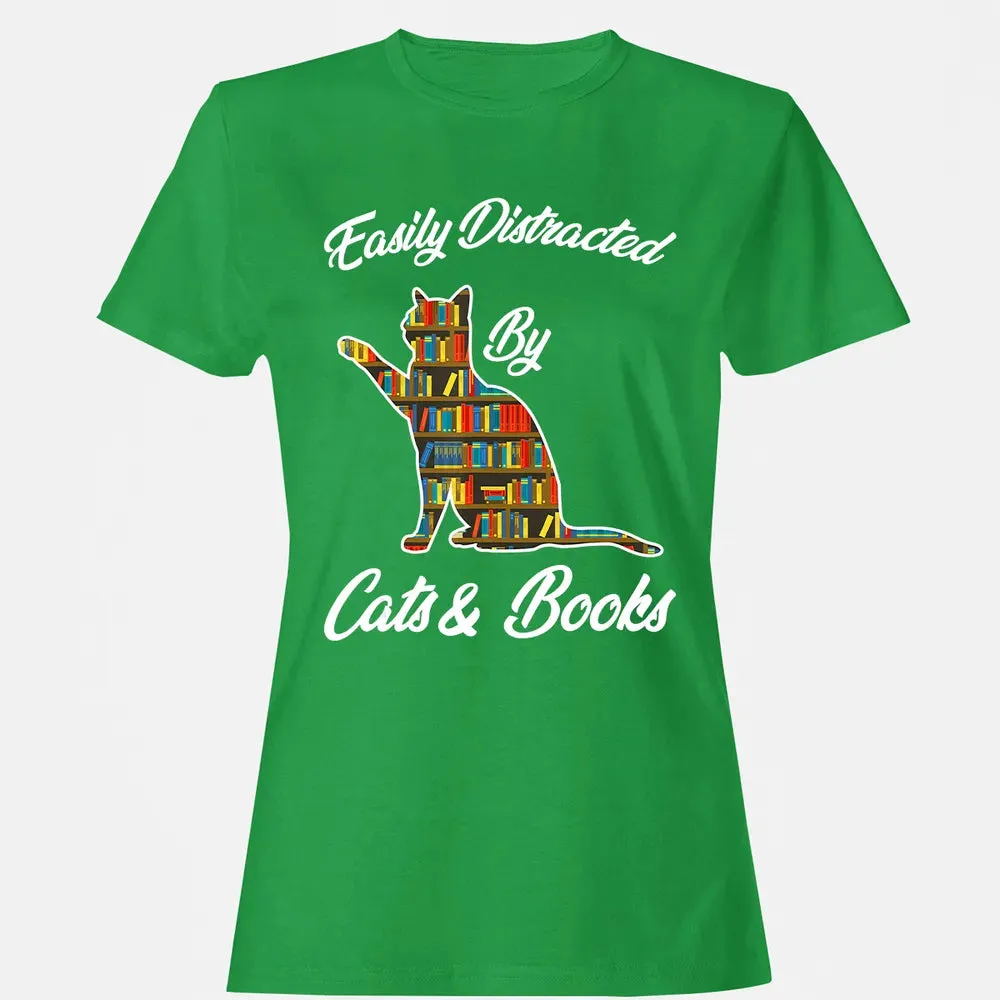 Easily Distracted by Cat & Books Animal Lover Meowing Kitty Women's T-shirt - 7