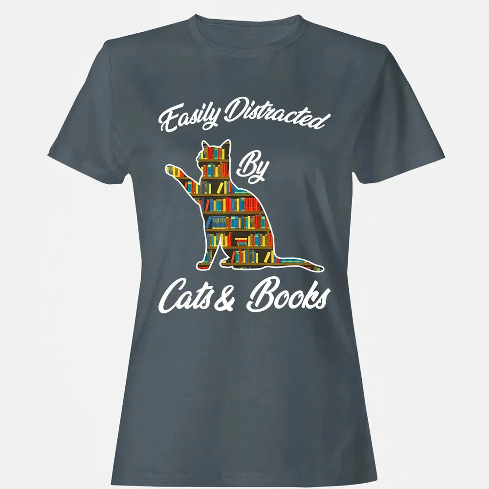 Easily Distracted by Cat & Books Animal Lover Meowing Kitty Women's T-shirt - 3