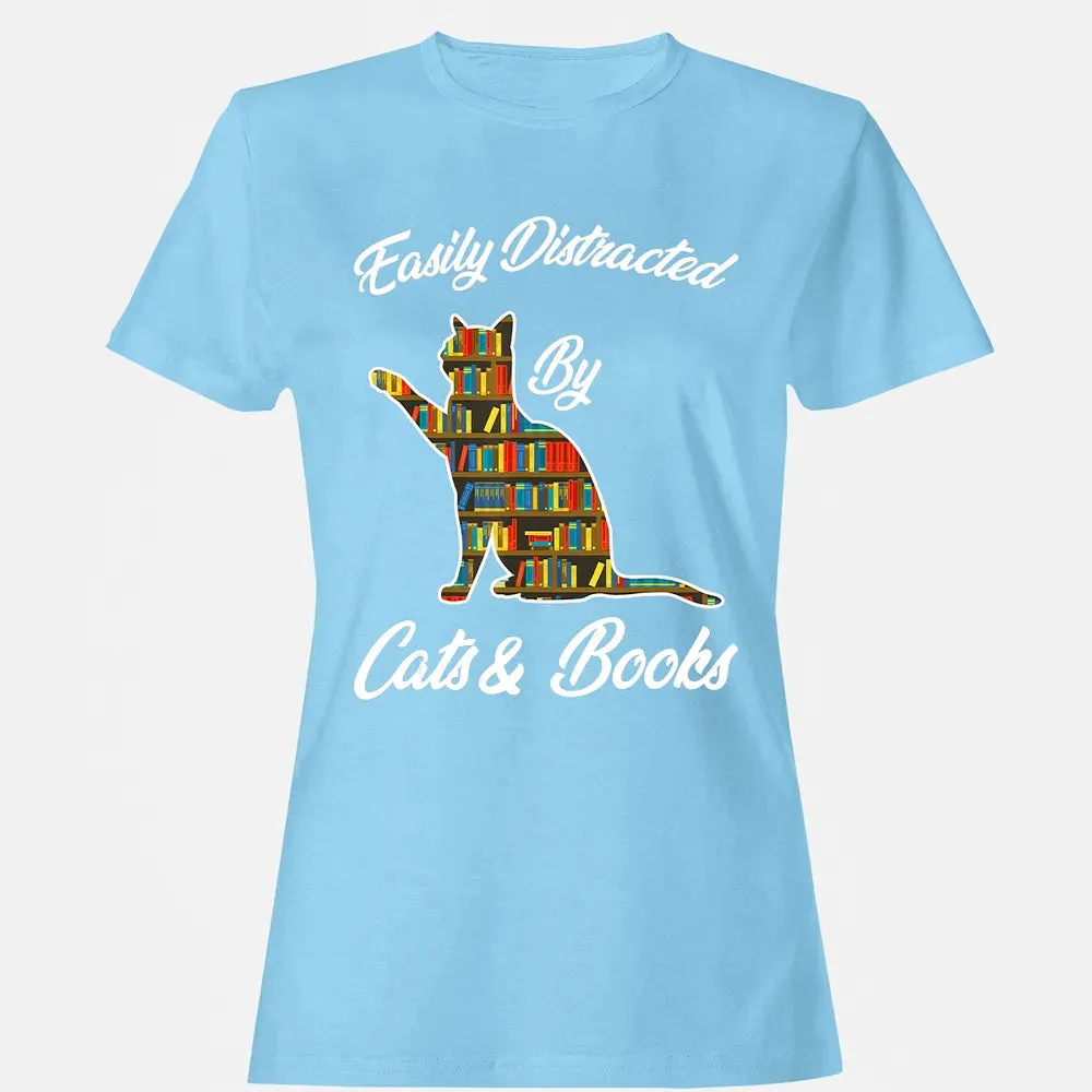 Easily Distracted by Cat & Books Animal Lover Meowing Kitty Women's T-shirt - 8