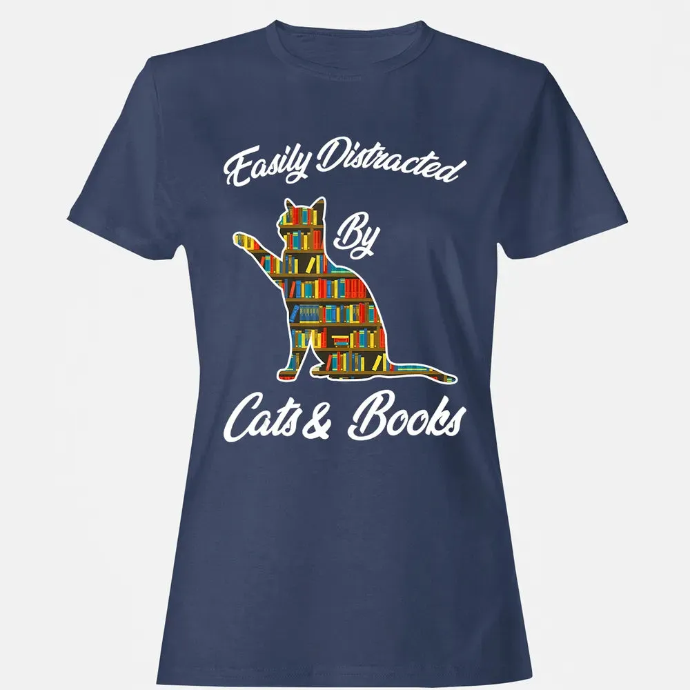 Easily Distracted by Cat & Books Animal Lover Meowing Kitty Women's T-shirt - 10