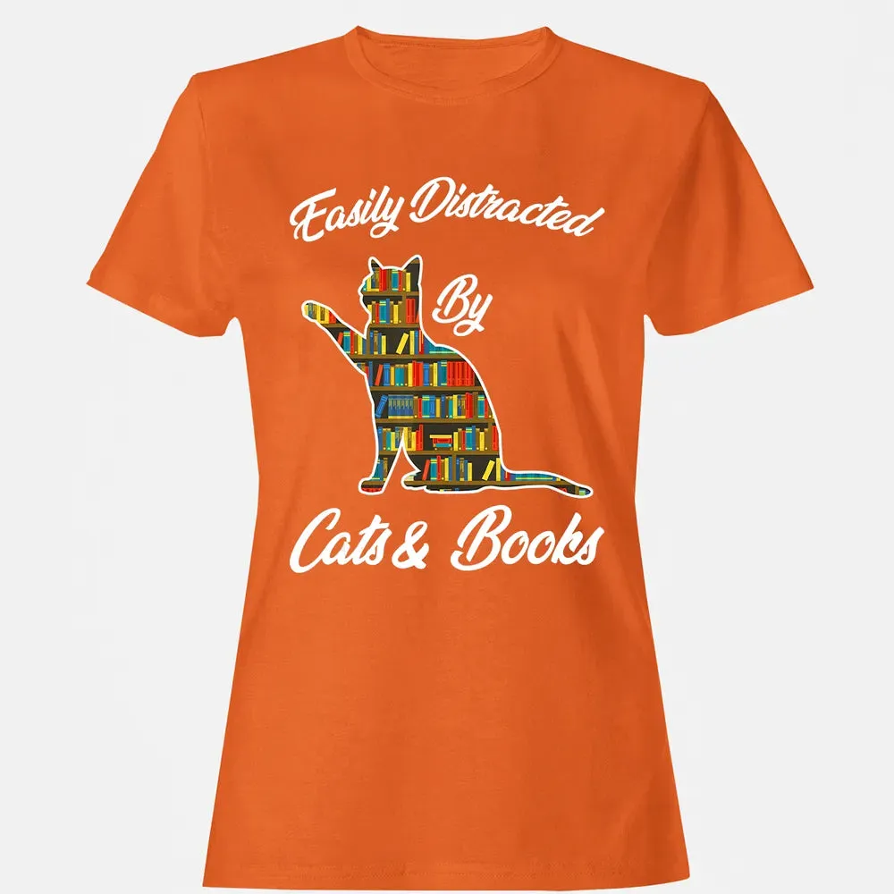 Easily Distracted by Cat & Books Animal Lover Meowing Kitty Women's T-shirt - 11