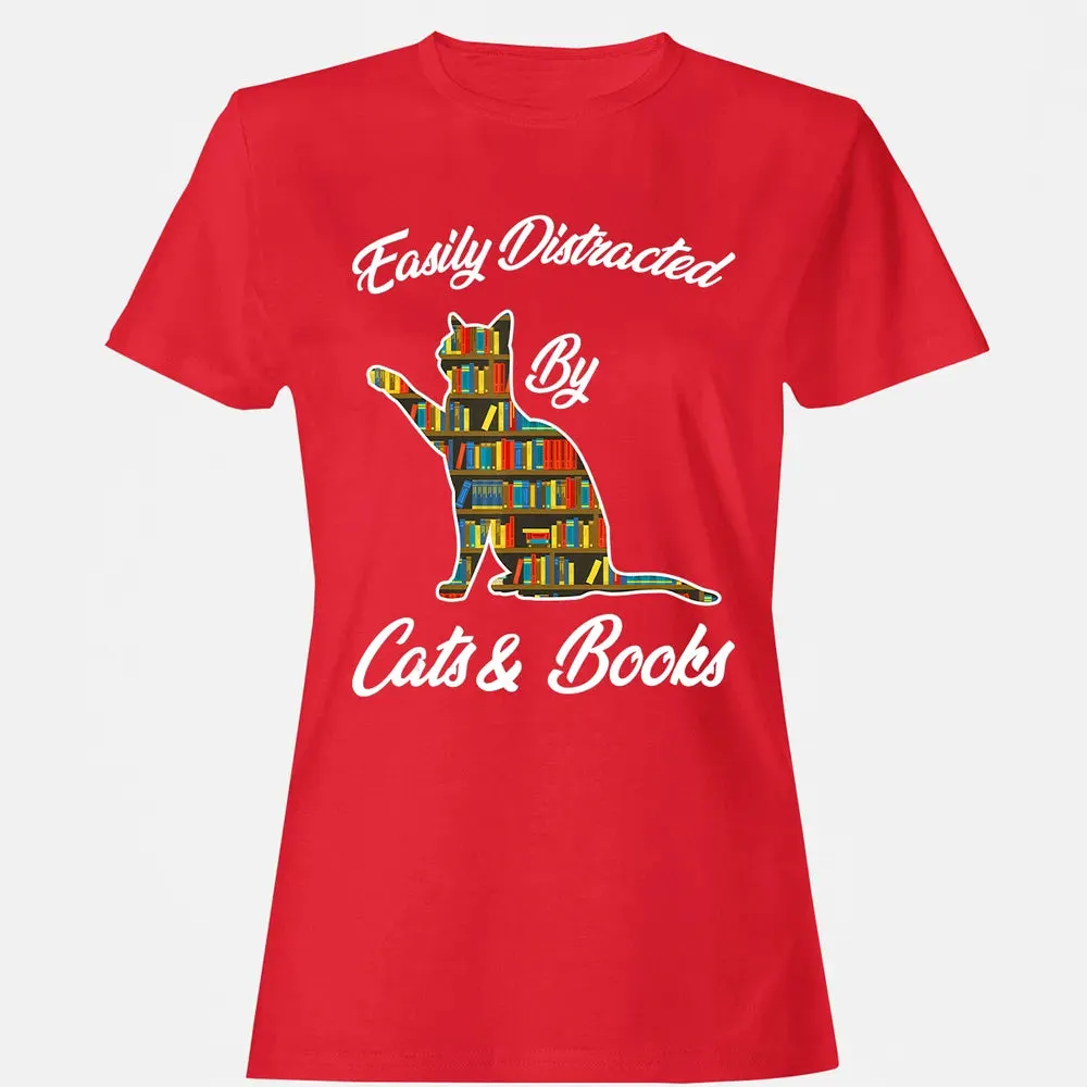 Easily Distracted by Cat & Books Animal Lover Meowing Kitty Women's T-shirt - 13
