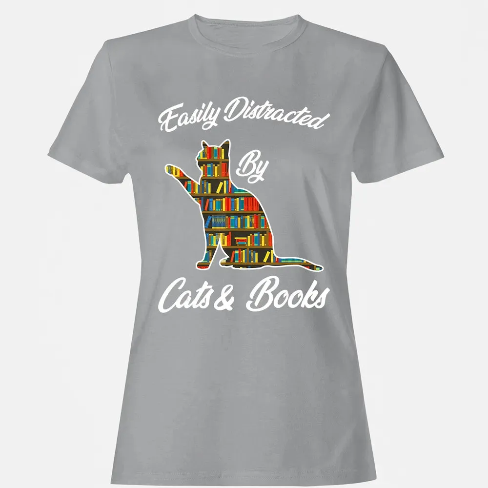 Easily Distracted by Cat & Books Animal Lover Meowing Kitty Women's T-shirt - 15