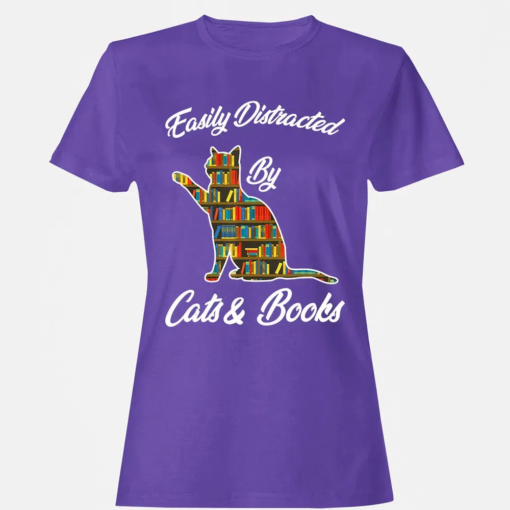 Easily Distracted by Cat & Books Animal Lover Meowing Kitty Women's T-shirt - 12