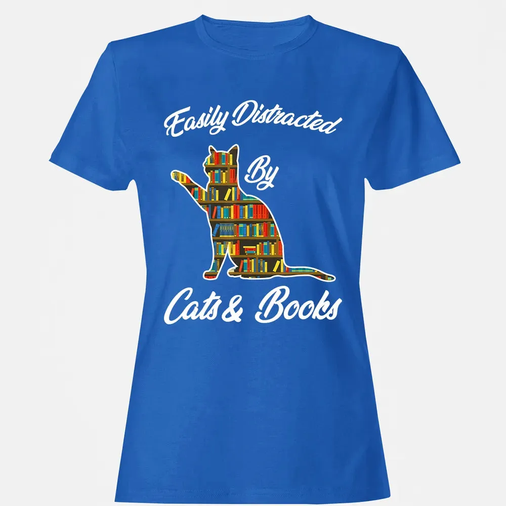Easily Distracted by Cat & Books Animal Lover Meowing Kitty Women's T-shirt - 14