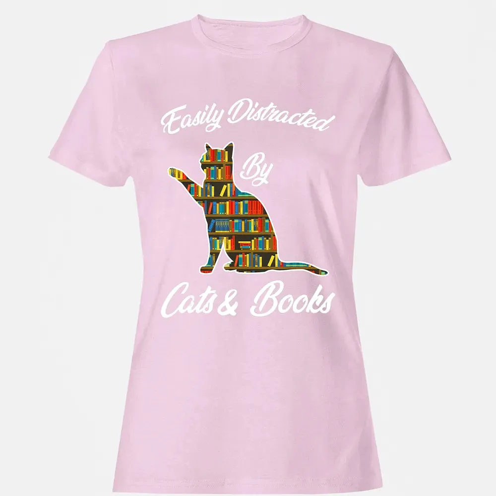 Easily Distracted by Cat & Books Animal Lover Meowing Kitty Women's T-shirt - 9