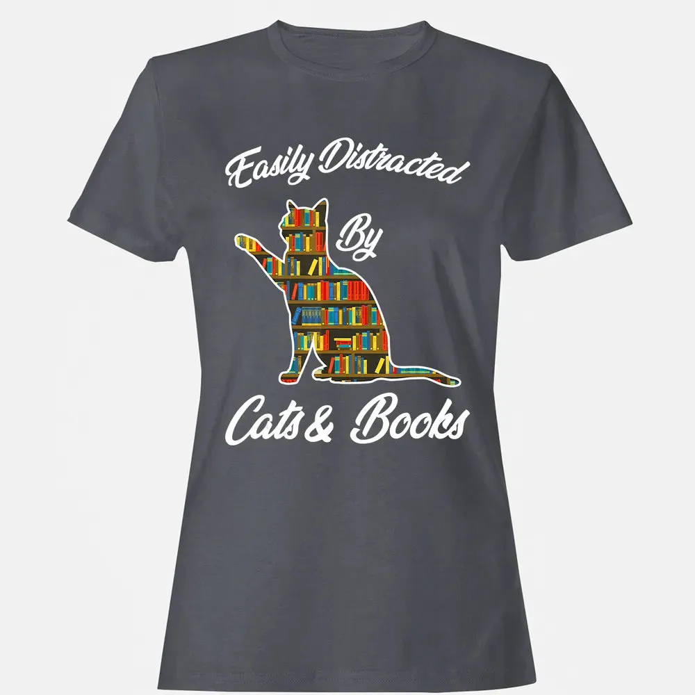 Easily Distracted by Cat & Books Animal Lover Meowing Kitty Women's T-shirt - 5