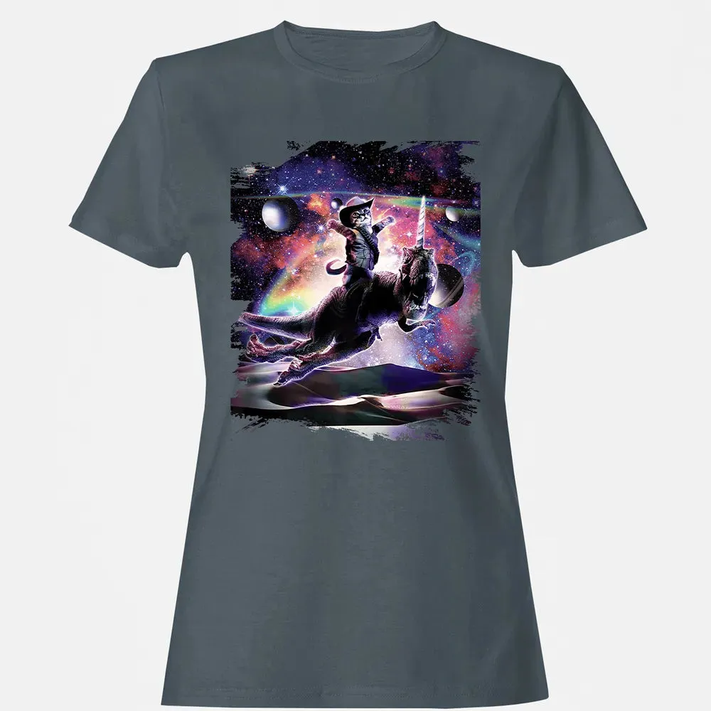 Galaxy Cat On Dinosaur Unicorn In Space Premium Women's T-shirt - 3