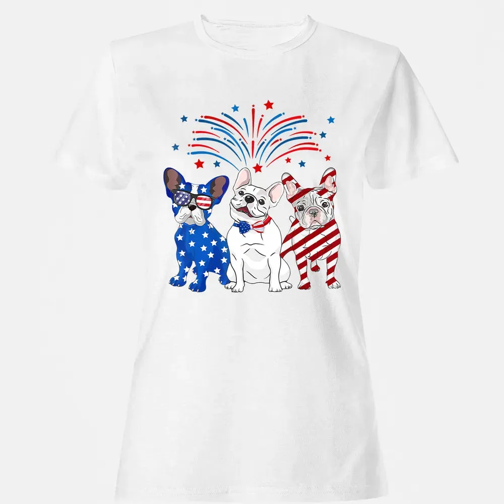 American Flag USA 4th of July French Bulldogs Women's T-shirt - 16