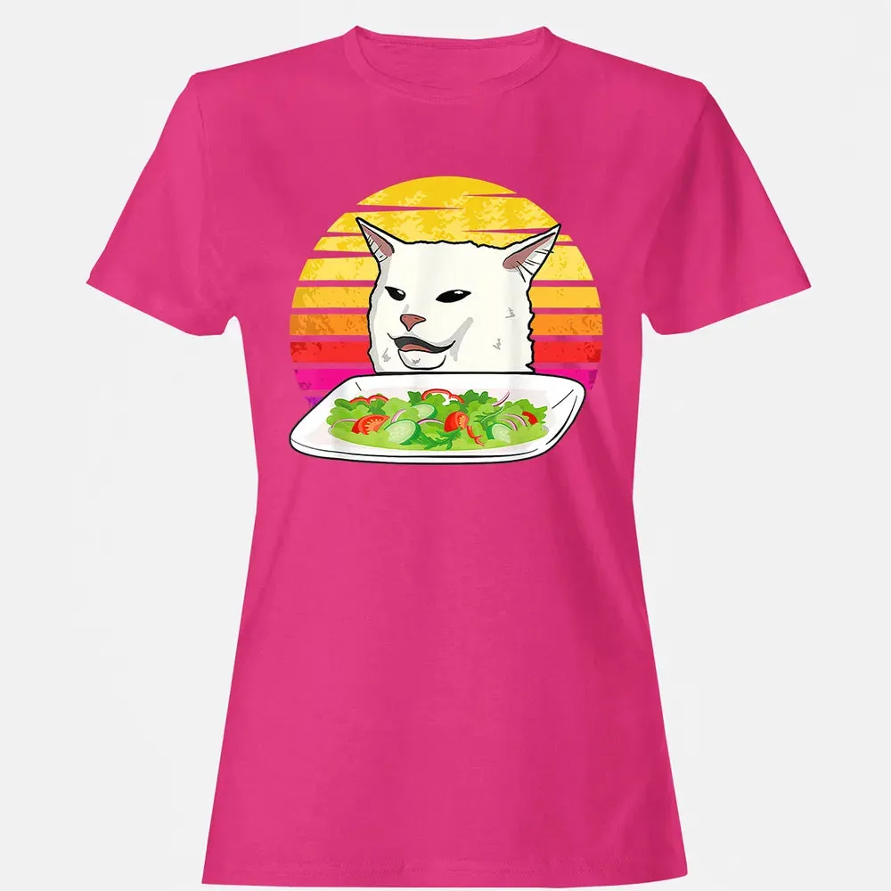 Angry women yelling at confused cat at dinner table meme Women's T-shirt - 6