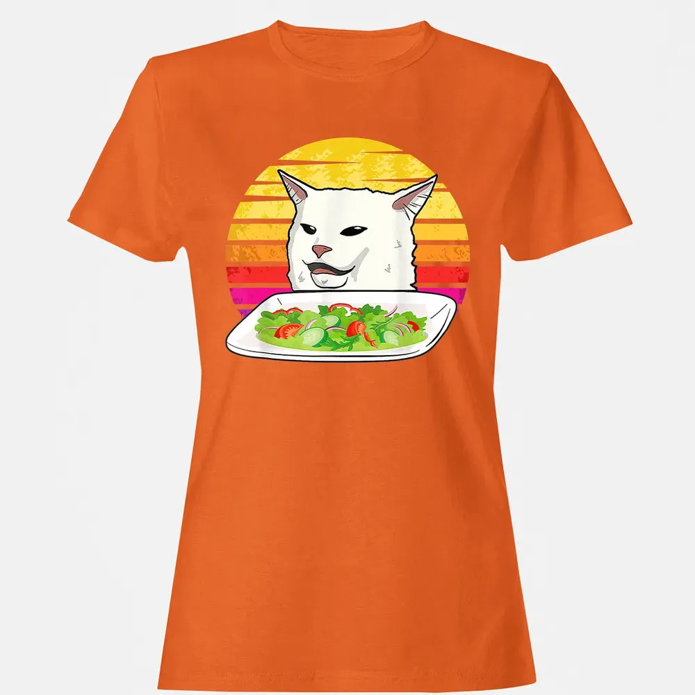 Angry women yelling at confused cat at dinner table meme Women's T-shirt - 11