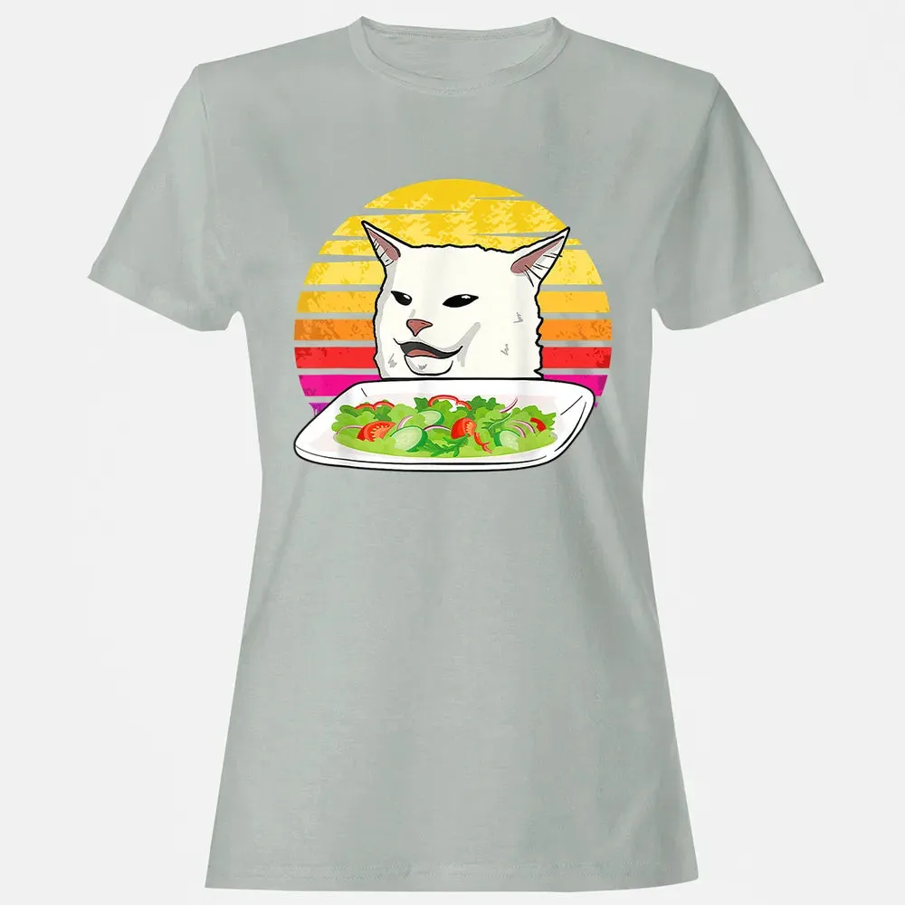 Angry women yelling at confused cat at dinner table meme Women's T-shirt - 2