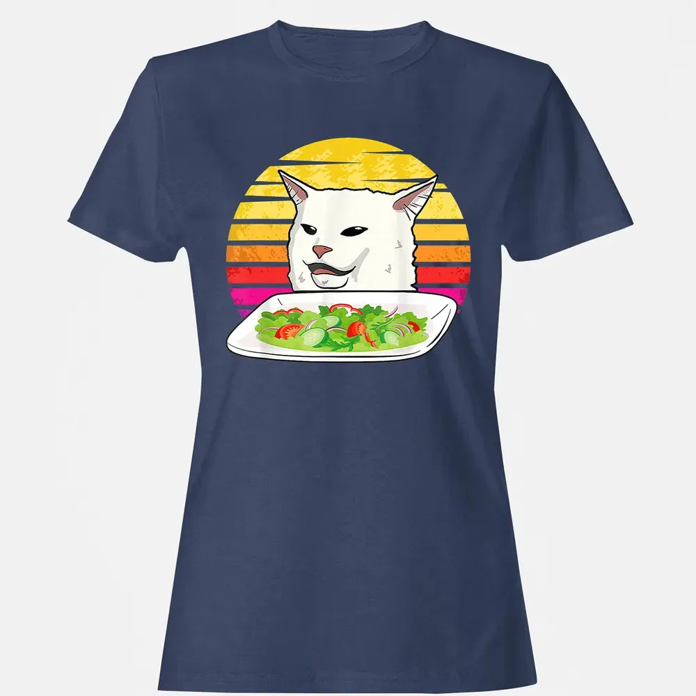 Angry women yelling at confused cat at dinner table meme Women's T-shirt - 10