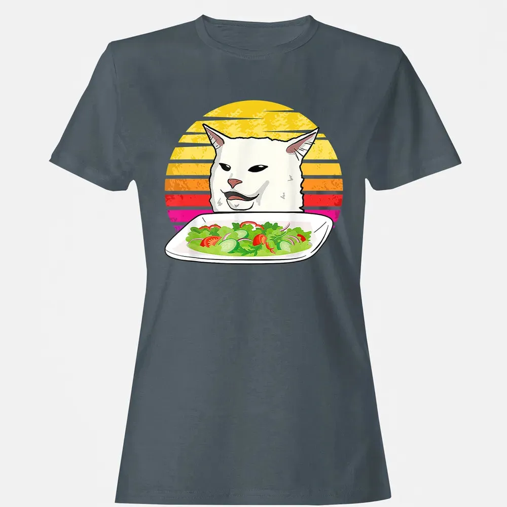Angry women yelling at confused cat at dinner table meme Women's T-shirt - 3