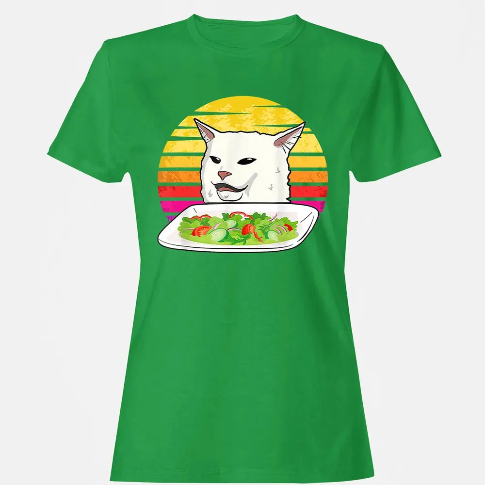 Angry women yelling at confused cat at dinner table meme Women's T-shirt - 7