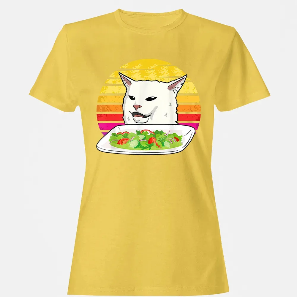 Angry women yelling at confused cat at dinner table meme Women's T-shirt - 4