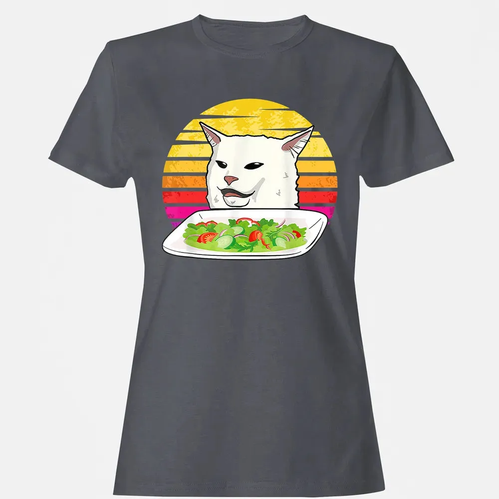 Angry women yelling at confused cat at dinner table meme Women's T-shirt - 5