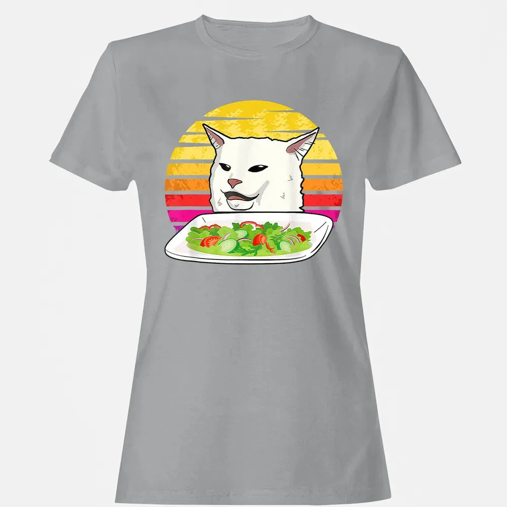 Angry women yelling at confused cat at dinner table meme Women's T-shirt - 15