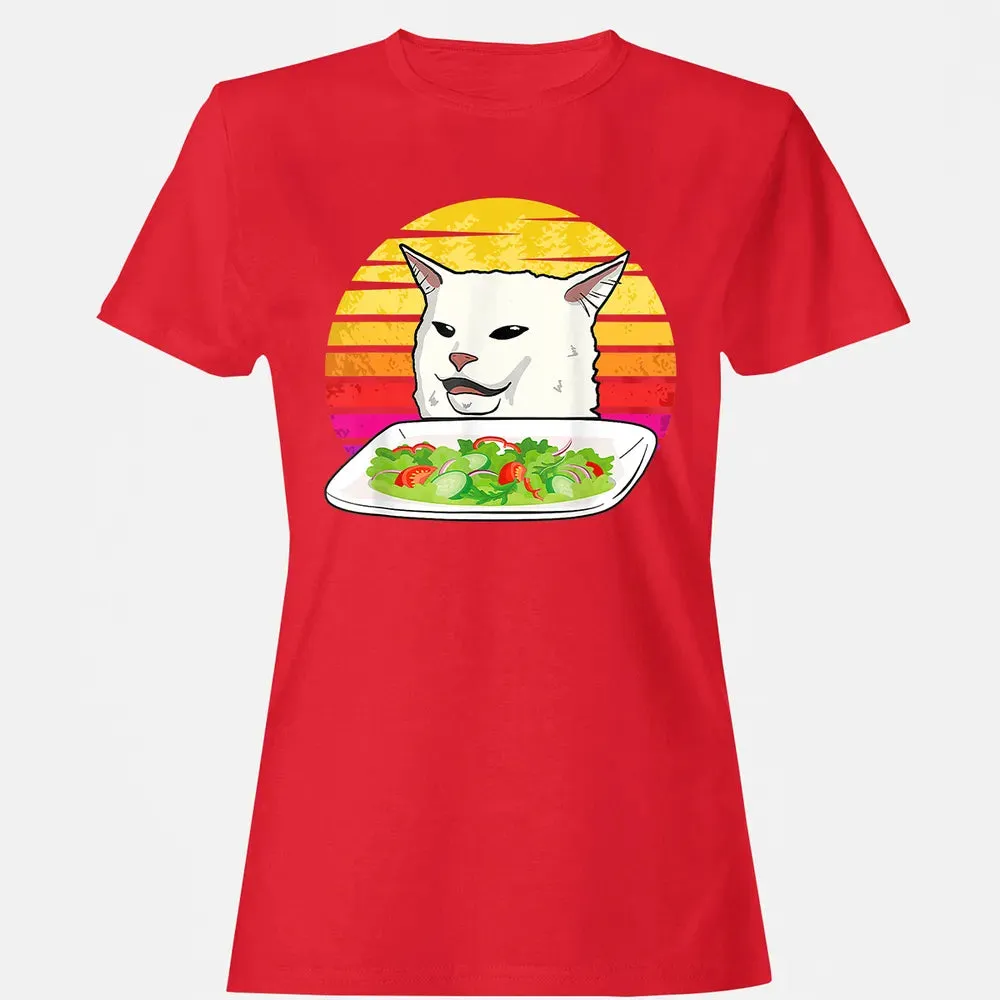 Angry women yelling at confused cat at dinner table meme Women's T-shirt - 13
