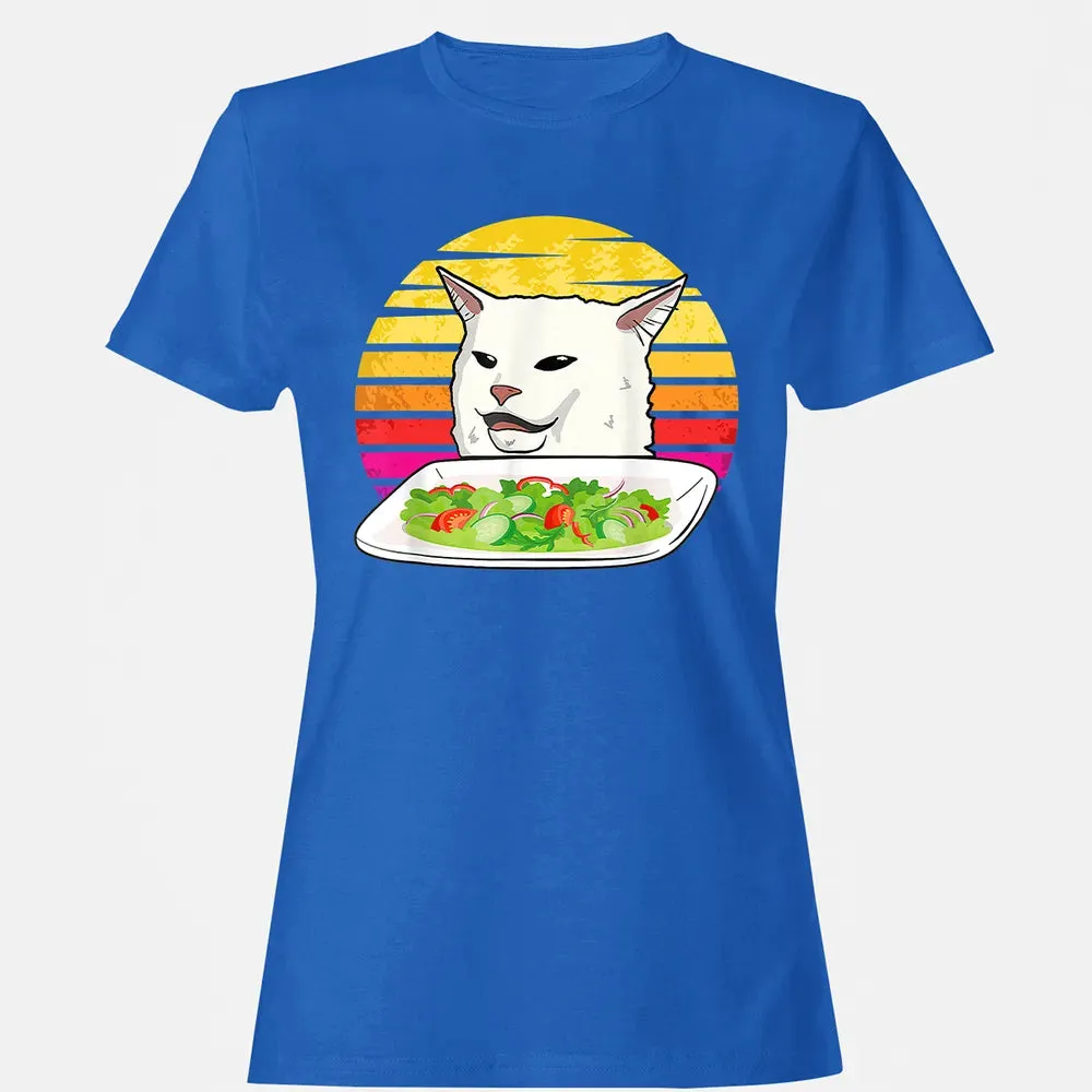 Angry women yelling at confused cat at dinner table meme Women's T-shirt - 14