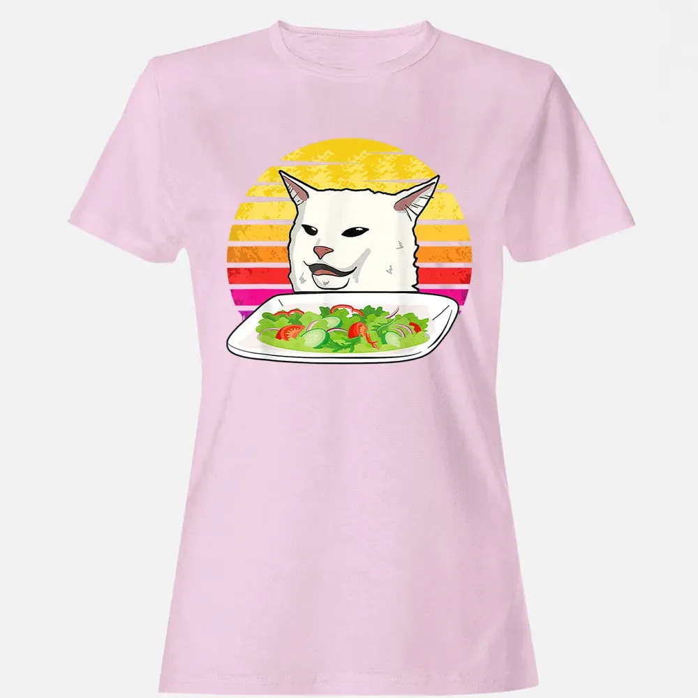 Angry women yelling at confused cat at dinner table meme Women's T-shirt - 9
