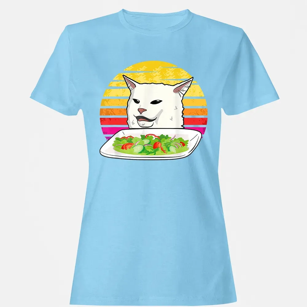 Angry women yelling at confused cat at dinner table meme Women's T-shirt - 8