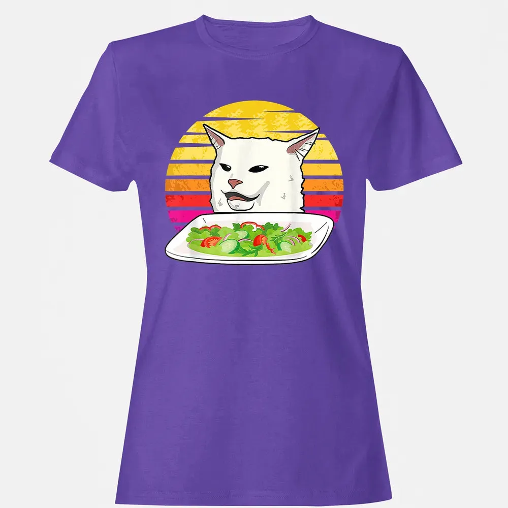 Angry women yelling at confused cat at dinner table meme Women's T-shirt - 12