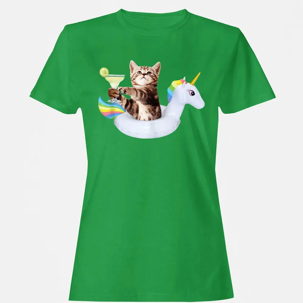 Summer Kitty With Margarita & Unicorn Float Funny Cat Women's T-shirt - 7