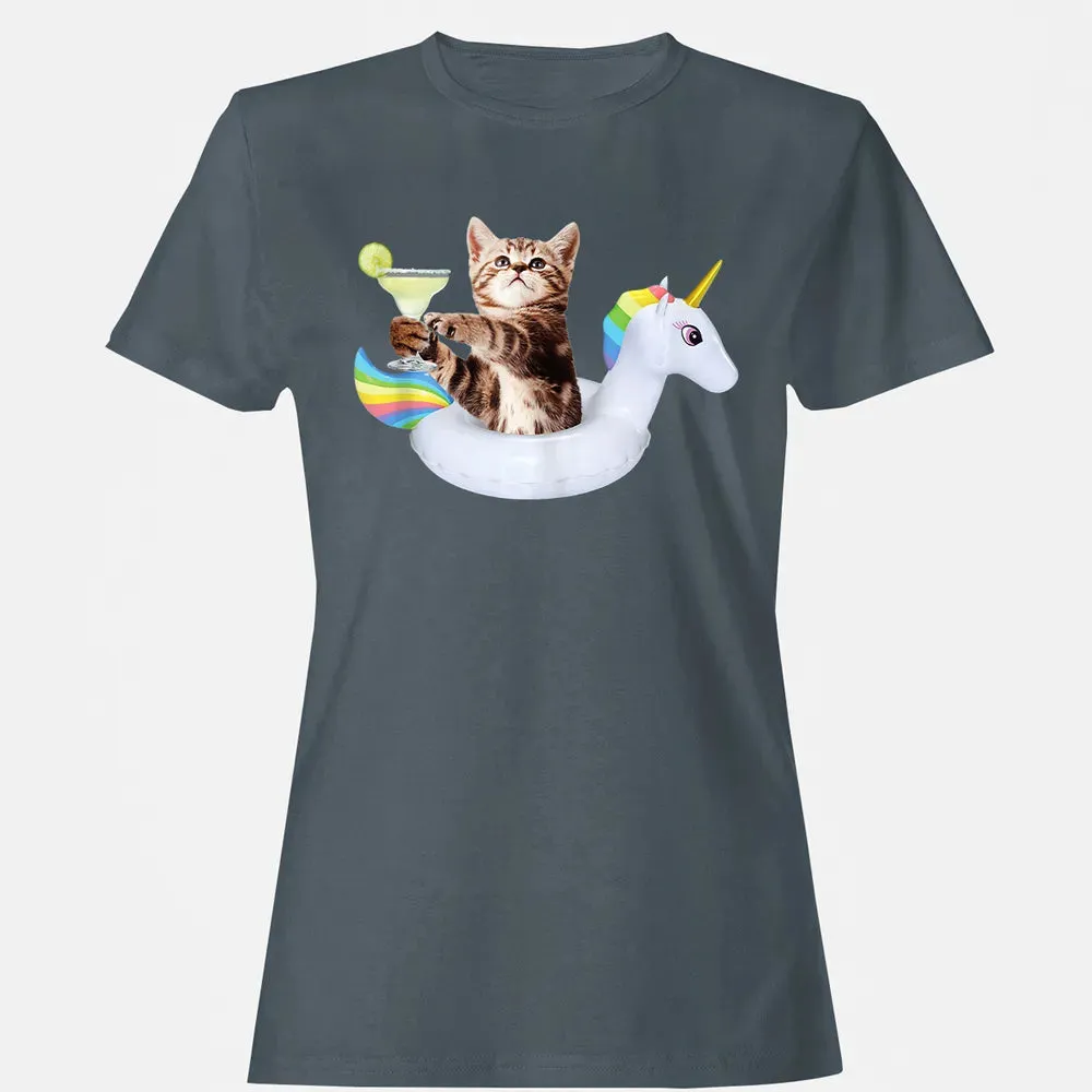 Summer Kitty With Margarita & Unicorn Float Funny Cat Women's T-shirt - 3
