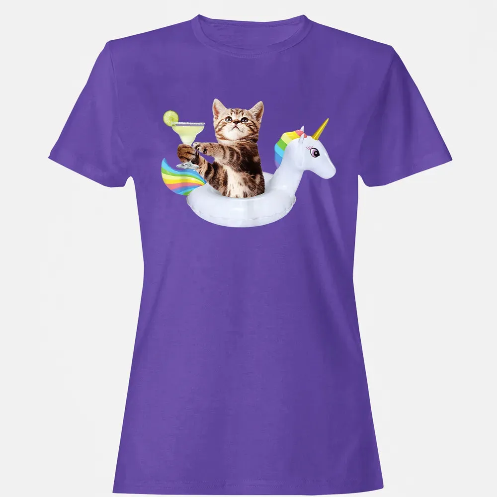 Summer Kitty With Margarita & Unicorn Float Funny Cat Women's T-shirt - 12