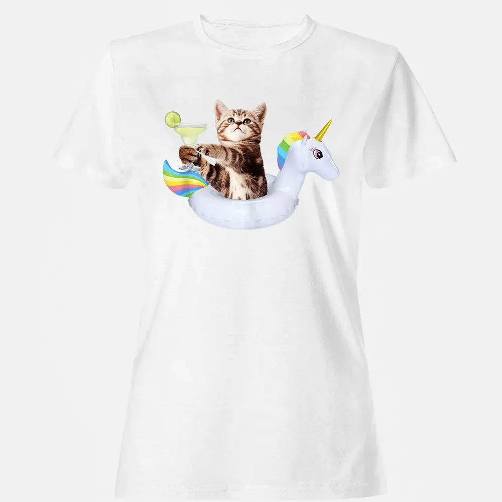 Summer Kitty With Margarita & Unicorn Float Funny Cat Women's T-shirt - 16