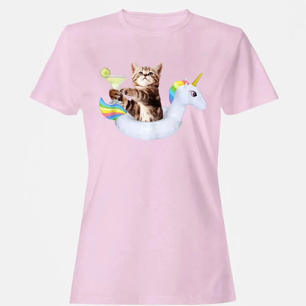 Summer Kitty With Margarita & Unicorn Float Funny Cat Women's T-shirt - 9