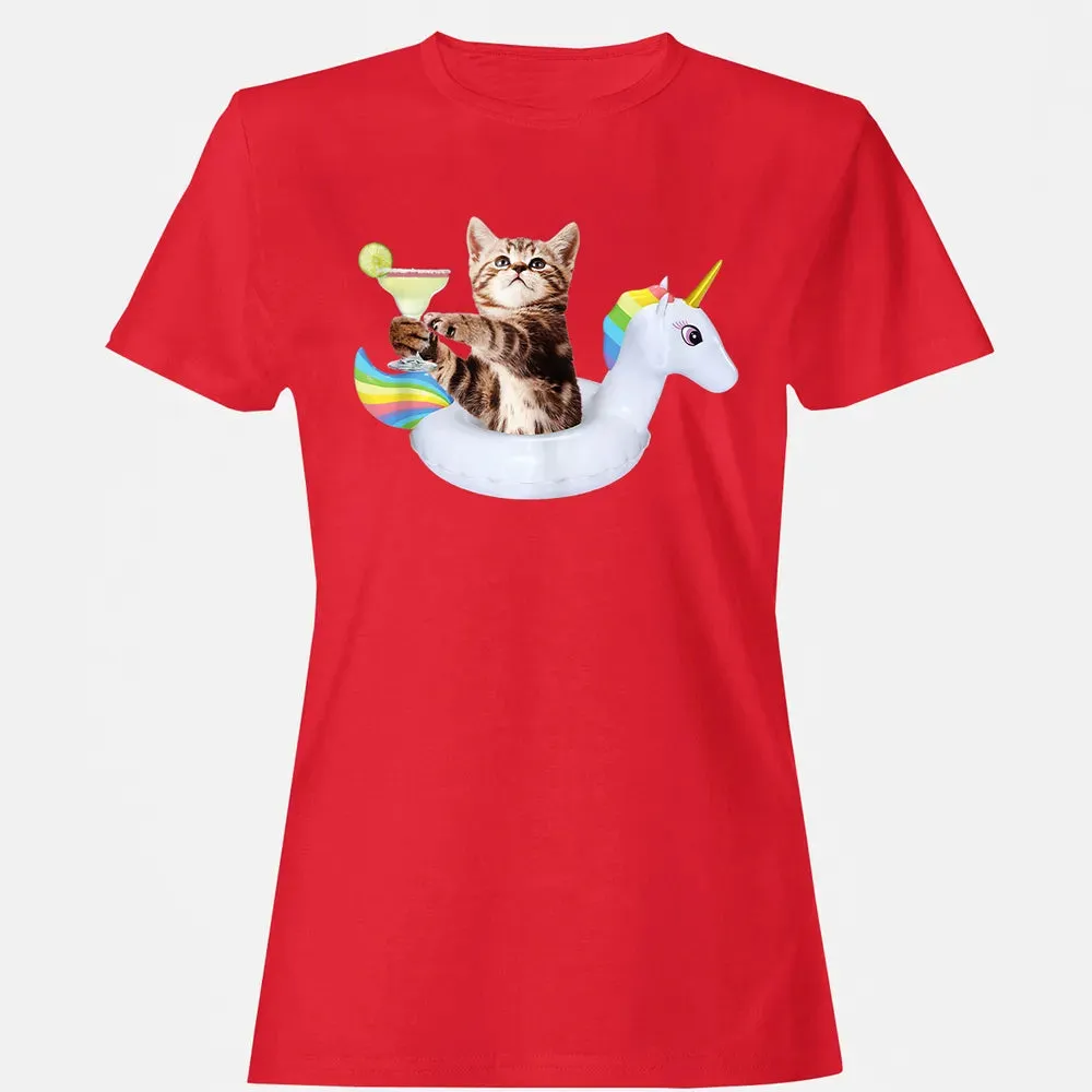 Summer Kitty With Margarita & Unicorn Float Funny Cat Women's T-shirt - 13