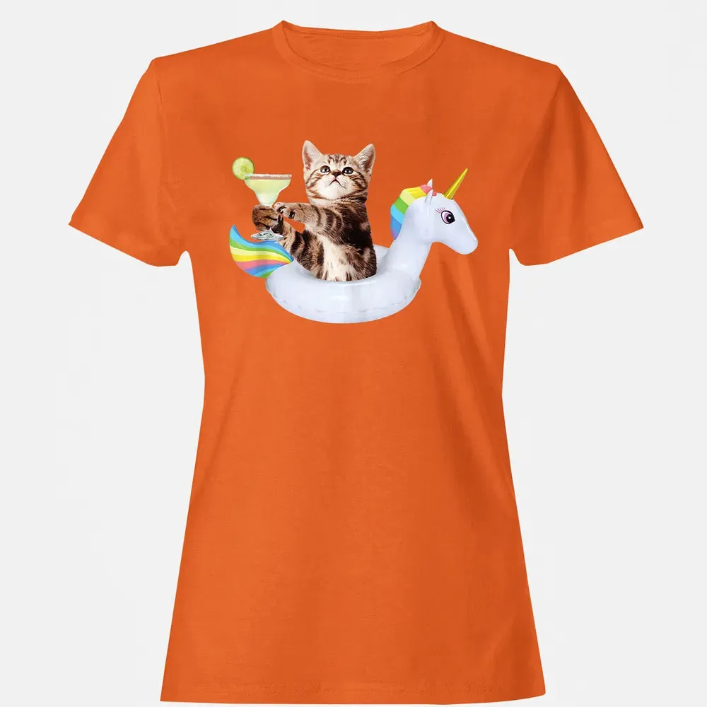 Summer Kitty With Margarita & Unicorn Float Funny Cat Women's T-shirt - 11