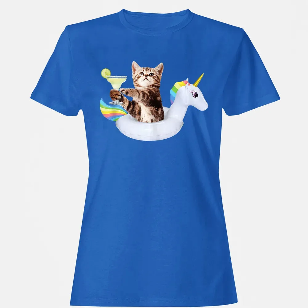 Summer Kitty With Margarita & Unicorn Float Funny Cat Women's T-shirt - 14
