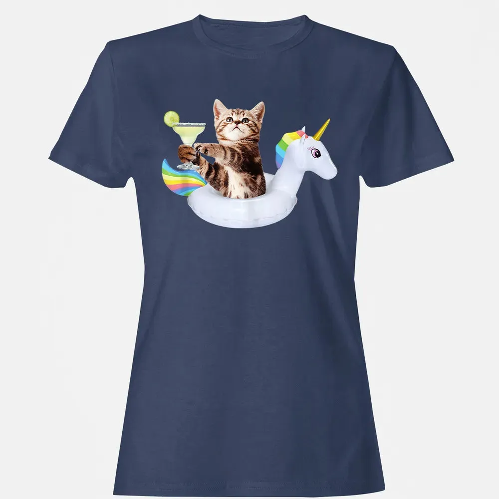 Summer Kitty With Margarita & Unicorn Float Funny Cat Women's T-shirt - 10