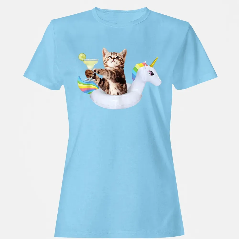 Summer Kitty With Margarita & Unicorn Float Funny Cat Women's T-shirt - 8