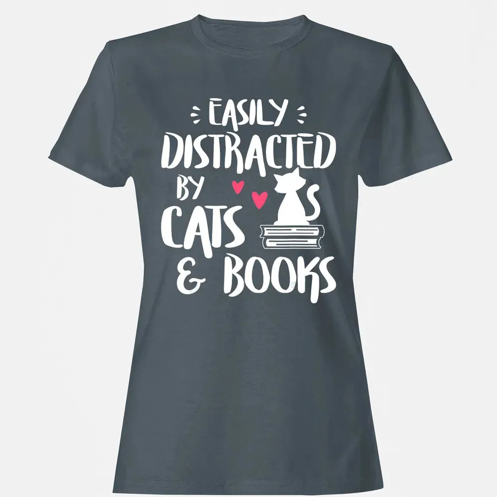 Easily Distracted by Cats and Books   Cat & Book Lover Women's T-shirt - 3