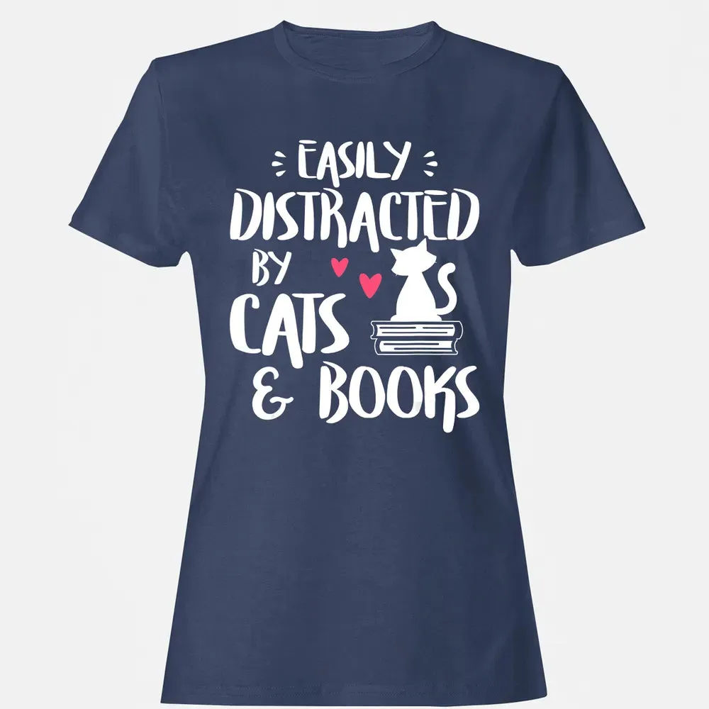 Easily Distracted by Cats and Books   Cat & Book Lover Women's T-shirt - 10