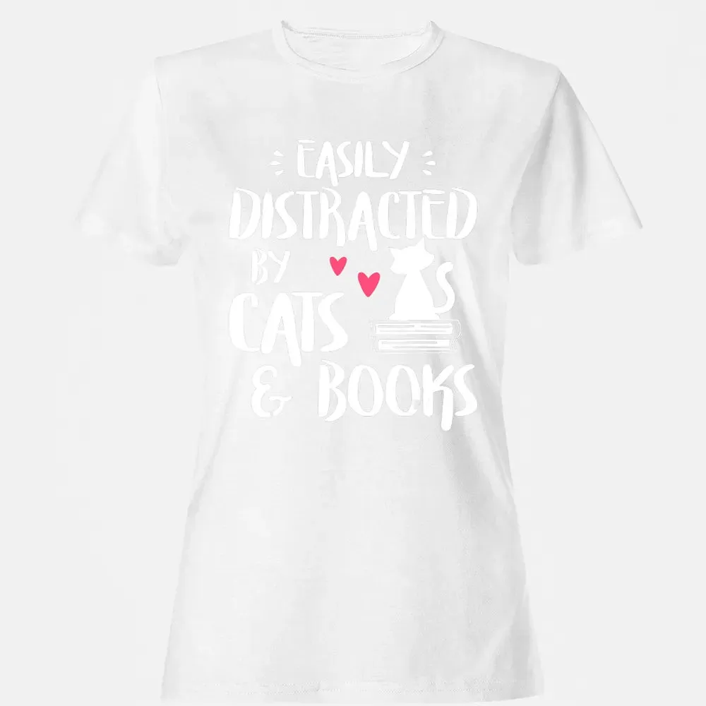 Easily Distracted by Cats and Books   Cat & Book Lover Women's T-shirt - 16