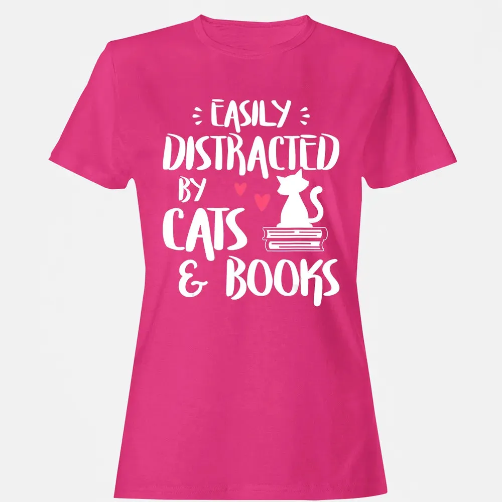 Easily Distracted by Cats and Books   Cat & Book Lover Women's T-shirt - 6