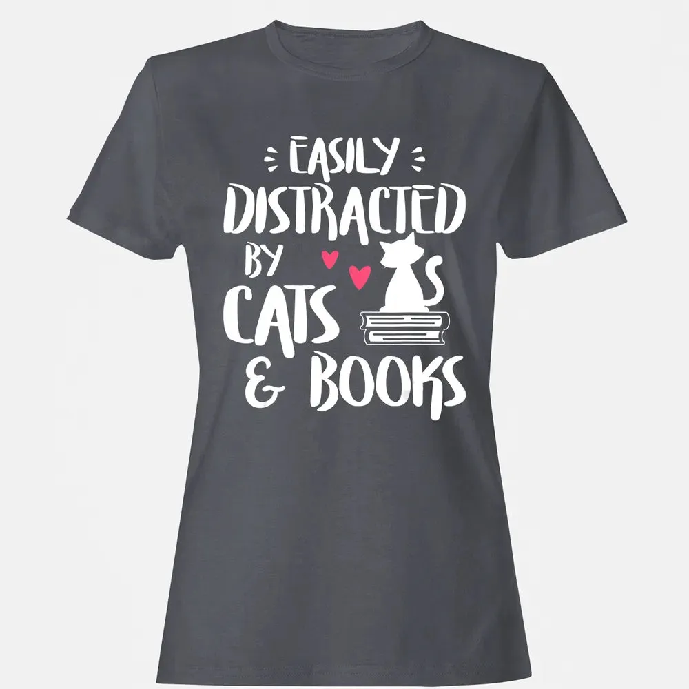 Easily Distracted by Cats and Books   Cat & Book Lover Women's T-shirt - 5